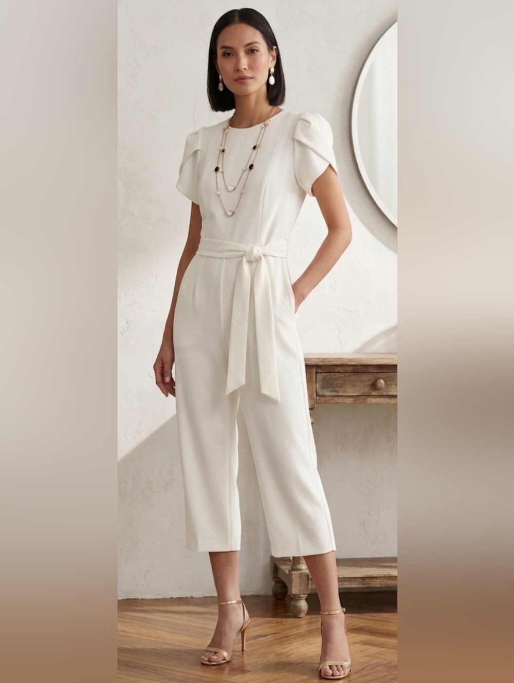 Calvin Klein White Jumpsuit Tie Waist Ruffle Sleeve Minimalist Elegant Event